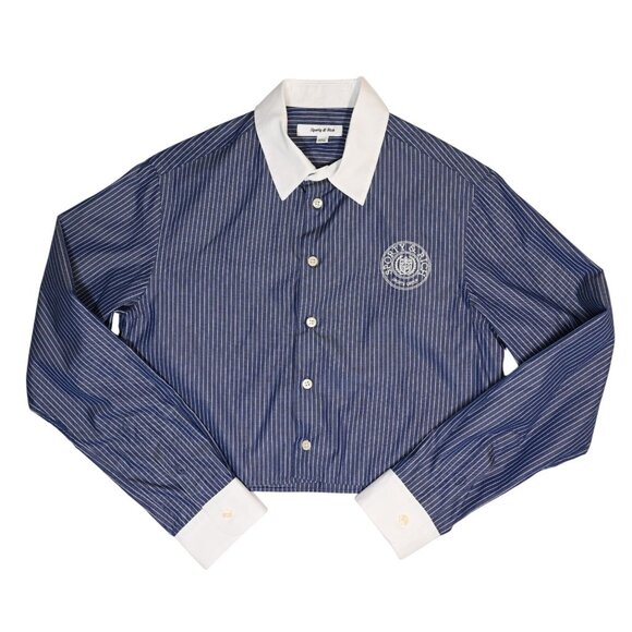 Sporty & Rich Tops - Sporty & Rich Connecticut Logo-Print Striped Shirt in Navy Blue Optical White